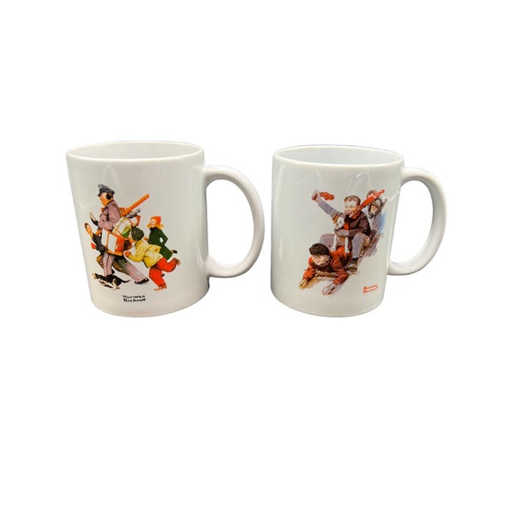 MSRF Design Studio Norman Rockwell Winter Holiday Coffee Mugs Set of 2 - Picture 1 of 6